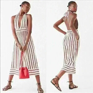 Urban Outfitters Raven striped Plunging Halter‎ Style cropped Jumpsuit sz S